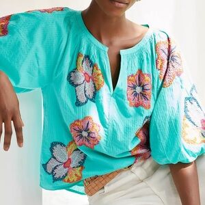 Anthropologie Teal Blouse with Pink Trim